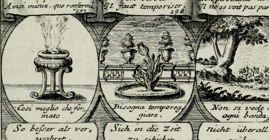 An illustration from M. Laurentii Wolfgangi Woyttens Emblematischer Parnassus : worauf die Musen, ihre Blumen-lese zu allerhand Freuden und Trauer-kränken halten. Um den Lob-werthen Tugend-chor durch angenehme rosen hergegen das ungezähmte Laster-thun mit wildem Dorn- und Distel-flor zu krönen, 1727, leaf 42