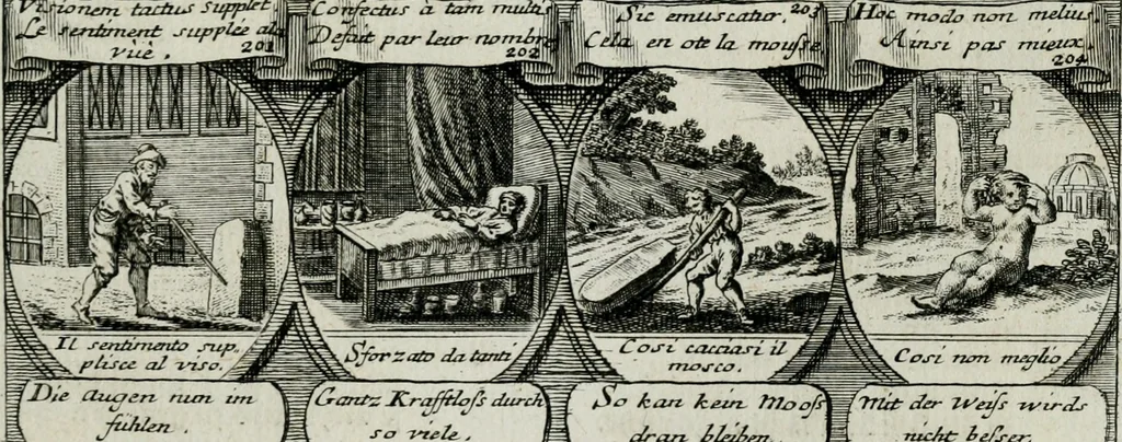An illustration from M. Laurentii Wolfgangi Woyttens Emblematischer Parnassus : worauf die Musen, ihre Blumen-lese zu allerhand Freuden und Trauer-kränken halten. Um den Lob-werthen Tugend-chor durch angenehme rosen hergegen das ungezähmte Laster-thun mit wildem Dorn- und Distel-flor zu krönen, 1727, leaf 42