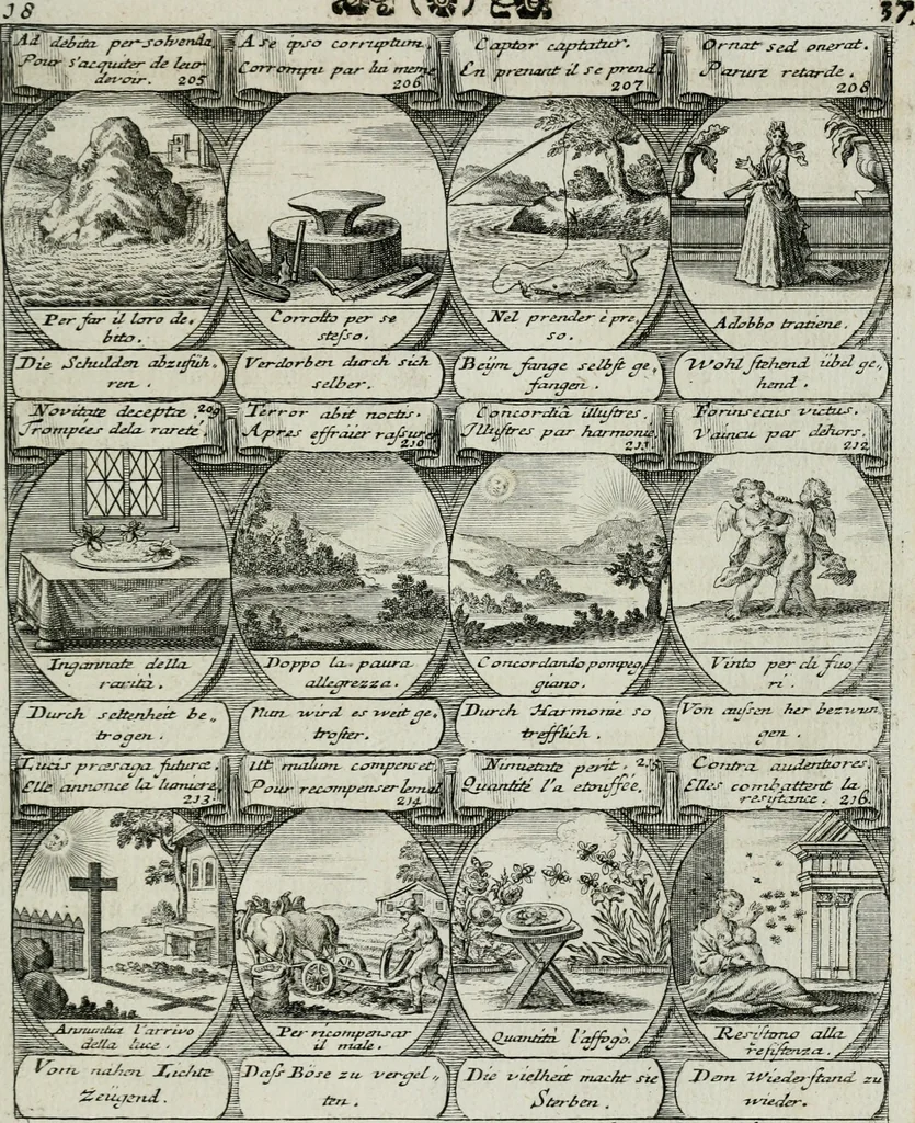 An illustration from M. Laurentii Wolfgangi Woyttens Emblematischer Parnassus : worauf die Musen, ihre Blumen-lese zu allerhand Freuden und Trauer-kränken halten. Um den Lob-werthen Tugend-chor durch angenehme rosen hergegen das ungezähmte Laster-thun mit wildem Dorn- und Distel-flor zu krönen, 1727, leaf 44