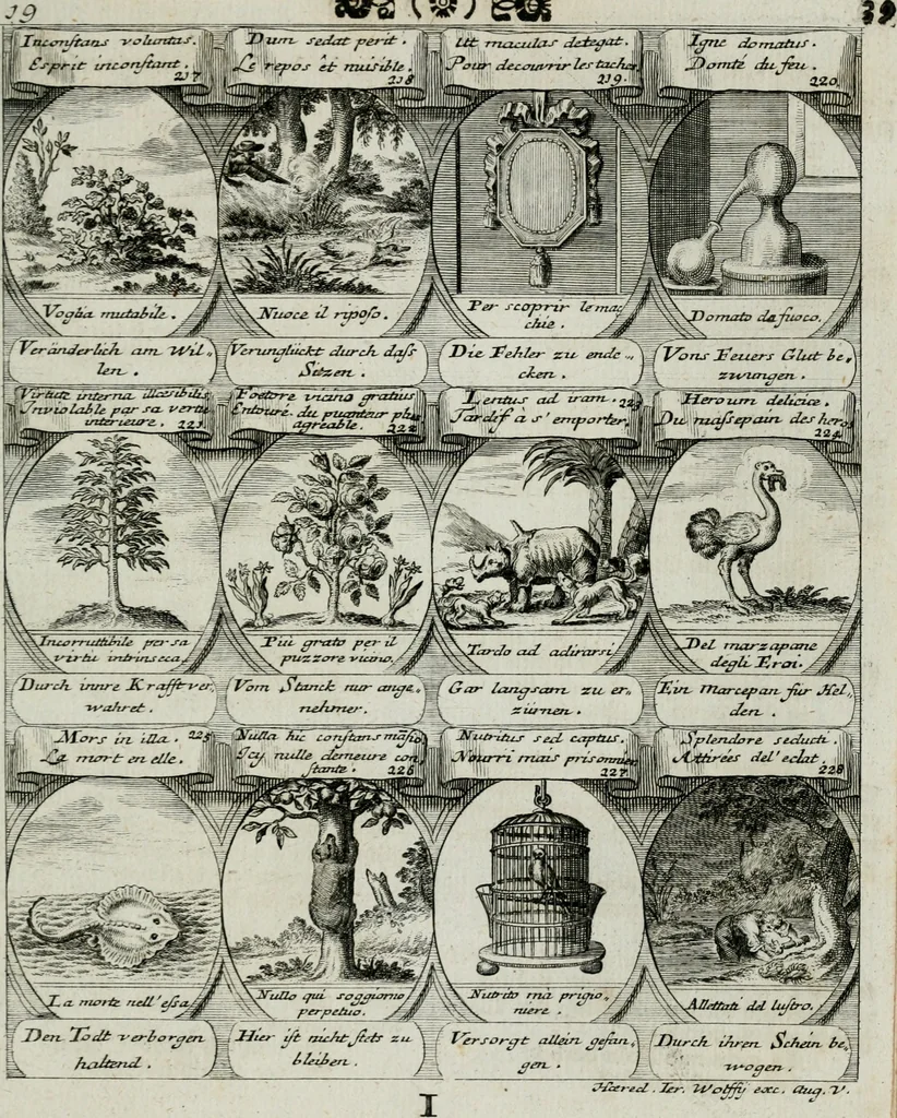 An illustration from M. Laurentii Wolfgangi Woyttens Emblematischer Parnassus : worauf die Musen, ihre Blumen-lese zu allerhand Freuden und Trauer-kränken halten. Um den Lob-werthen Tugend-chor durch angenehme rosen hergegen das ungezähmte Laster-thun mit wildem Dorn- und Distel-flor zu krönen, 1727, leaf 46