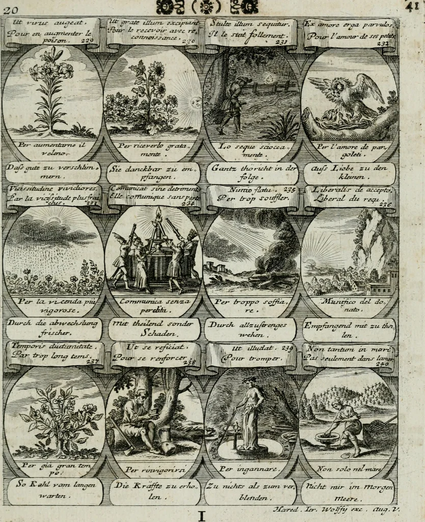 An illustration from M. Laurentii Wolfgangi Woyttens Emblematischer Parnassus : worauf die Musen, ihre Blumen-lese zu allerhand Freuden und Trauer-kränken halten. Um den Lob-werthen Tugend-chor durch angenehme rosen hergegen das ungezähmte Laster-thun mit wildem Dorn- und Distel-flor zu krönen, 1727, leaf 48