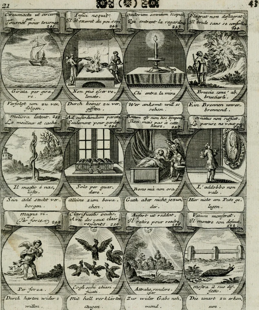 An illustration from M. Laurentii Wolfgangi Woyttens Emblematischer Parnassus : worauf die Musen, ihre Blumen-lese zu allerhand Freuden und Trauer-kränken halten. Um den Lob-werthen Tugend-chor durch angenehme rosen hergegen das ungezähmte Laster-thun mit wildem Dorn- und Distel-flor zu krönen, 1727, leaf 50