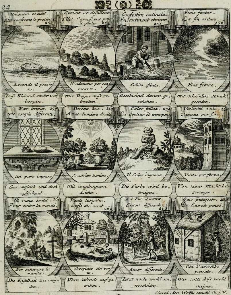 An illustration from M. Laurentii Wolfgangi Woyttens Emblematischer Parnassus : worauf die Musen, ihre Blumen-lese zu allerhand Freuden und Trauer-kränken halten. Um den Lob-werthen Tugend-chor durch angenehme rosen hergegen das ungezähmte Laster-thun mit wildem Dorn- und Distel-flor zu krönen, 1727, leaf 52