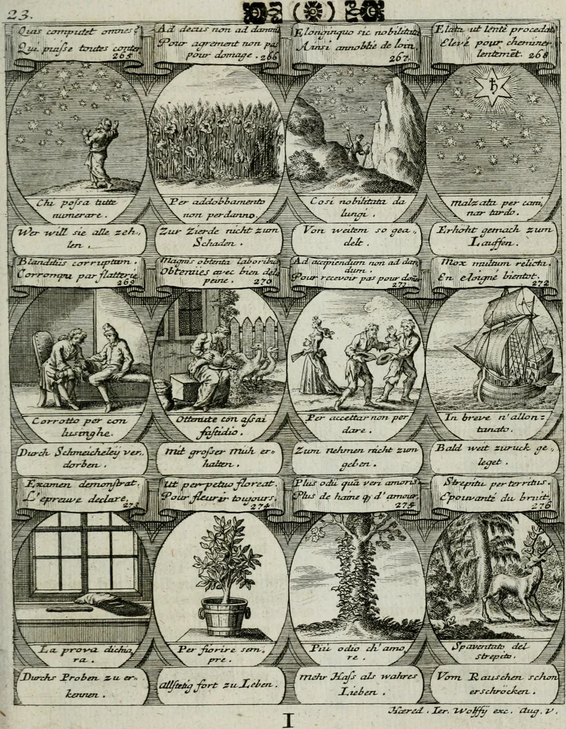 An illustration from M. Laurentii Wolfgangi Woyttens Emblematischer Parnassus : worauf die Musen, ihre Blumen-lese zu allerhand Freuden und Trauer-kränken halten. Um den Lob-werthen Tugend-chor durch angenehme rosen hergegen das ungezähmte Laster-thun mit wildem Dorn- und Distel-flor zu krönen, 1727, leaf 54