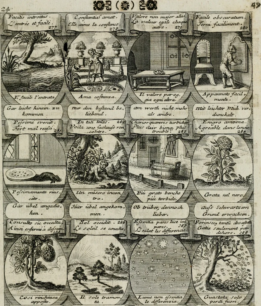 An illustration from M. Laurentii Wolfgangi Woyttens Emblematischer Parnassus : worauf die Musen, ihre Blumen-lese zu allerhand Freuden und Trauer-kränken halten. Um den Lob-werthen Tugend-chor durch angenehme rosen hergegen das ungezähmte Laster-thun mit wildem Dorn- und Distel-flor zu krönen, 1727, leaf 56