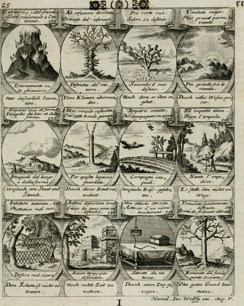 An illustration from M. Laurentii Wolfgangi Woyttens Emblematischer Parnassus : worauf die Musen, ihre Blumen-lese zu allerhand Freuden und Trauer-kränken halten. Um den Lob-werthen Tugend-chor durch angenehme rosen hergegen das ungezähmte Laster-thun mit wildem Dorn- und Distel-flor zu krönen, 1727, leaf 58