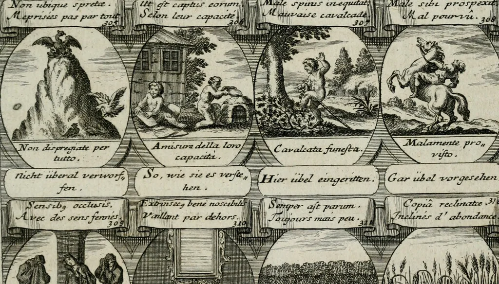 An illustration from M. Laurentii Wolfgangi Woyttens Emblematischer Parnassus : worauf die Musen, ihre Blumen-lese zu allerhand Freuden und Trauer-kränken halten. Um den Lob-werthen Tugend-chor durch angenehme rosen hergegen das ungezähmte Laster-thun mit wildem Dorn- und Distel-flor zu krönen, 1727, leaf 60