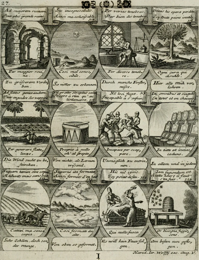 An illustration from M. Laurentii Wolfgangi Woyttens Emblematischer Parnassus : worauf die Musen, ihre Blumen-lese zu allerhand Freuden und Trauer-kränken halten. Um den Lob-werthen Tugend-chor durch angenehme rosen hergegen das ungezähmte Laster-thun mit wildem Dorn- und Distel-flor zu krönen, 1727, leaf 62