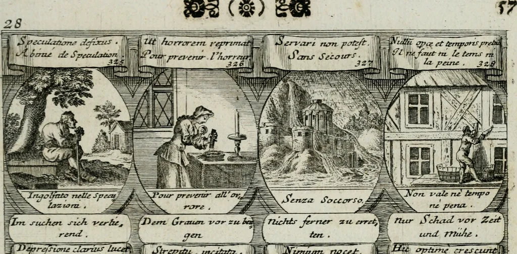 An illustration from M. Laurentii Wolfgangi Woyttens Emblematischer Parnassus : worauf die Musen, ihre Blumen-lese zu allerhand Freuden und Trauer-kränken halten. Um den Lob-werthen Tugend-chor durch angenehme rosen hergegen das ungezähmte Laster-thun mit wildem Dorn- und Distel-flor zu krönen, 1727, leaf 64