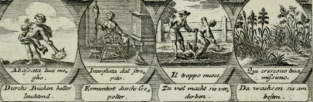 An illustration from M. Laurentii Wolfgangi Woyttens Emblematischer Parnassus : worauf die Musen, ihre Blumen-lese zu allerhand Freuden und Trauer-kränken halten. Um den Lob-werthen Tugend-chor durch angenehme rosen hergegen das ungezähmte Laster-thun mit wildem Dorn- und Distel-flor zu krönen, 1727, leaf 64