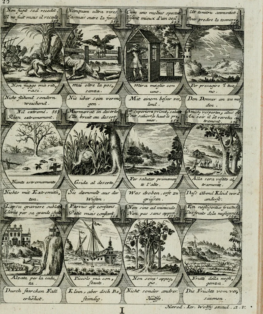 An illustration from M. Laurentii Wolfgangi Woyttens Emblematischer Parnassus : worauf die Musen, ihre Blumen-lese zu allerhand Freuden und Trauer-kränken halten. Um den Lob-werthen Tugend-chor durch angenehme rosen hergegen das ungezähmte Laster-thun mit wildem Dorn- und Distel-flor zu krönen, 1727, leaf 68