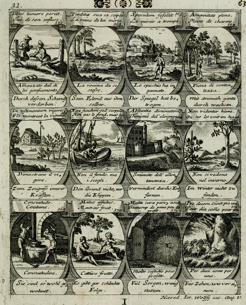 An illustration from M. Laurentii Wolfgangi Woyttens Emblematischer Parnassus : worauf die Musen, ihre Blumen-lese zu allerhand Freuden und Trauer-kränken halten. Um den Lob-werthen Tugend-chor durch angenehme rosen hergegen das ungezähmte Laster-thun mit wildem Dorn- und Distel-flor zu krönen, 1727, leaf 70