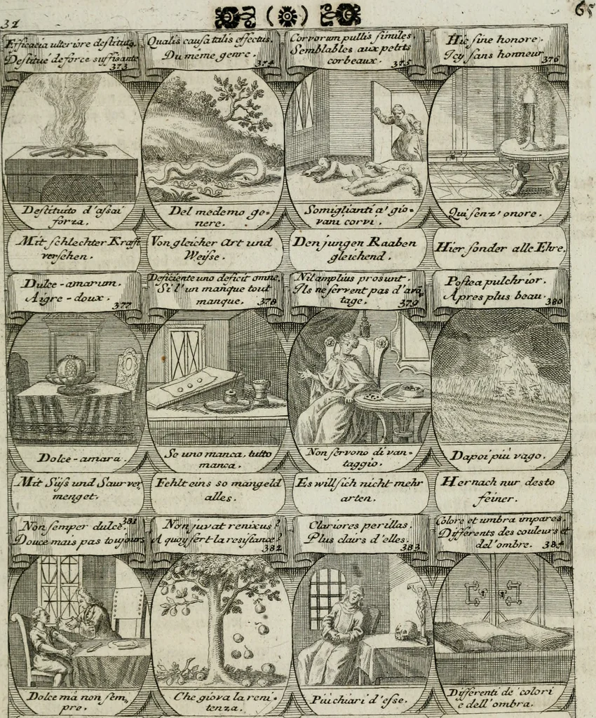 An illustration from M. Laurentii Wolfgangi Woyttens Emblematischer Parnassus : worauf die Musen, ihre Blumen-lese zu allerhand Freuden und Trauer-kränken halten. Um den Lob-werthen Tugend-chor durch angenehme rosen hergegen das ungezähmte Laster-thun mit wildem Dorn- und Distel-flor zu krönen, 1727, leaf 72