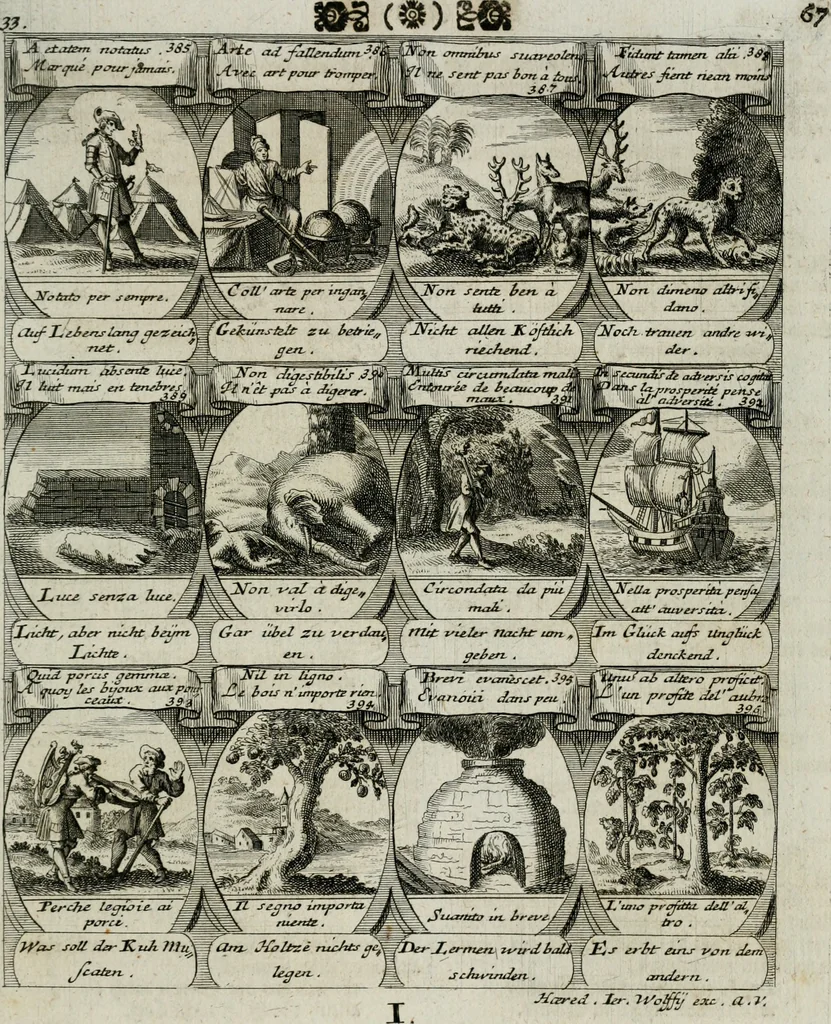An illustration from M. Laurentii Wolfgangi Woyttens Emblematischer Parnassus : worauf die Musen, ihre Blumen-lese zu allerhand Freuden und Trauer-kränken halten. Um den Lob-werthen Tugend-chor durch angenehme rosen hergegen das ungezähmte Laster-thun mit wildem Dorn- und Distel-flor zu krönen, 1727, leaf 74