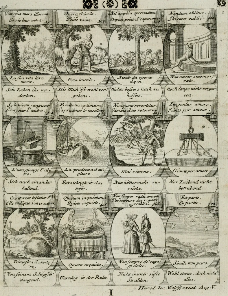 An illustration from M. Laurentii Wolfgangi Woyttens Emblematischer Parnassus : worauf die Musen, ihre Blumen-lese zu allerhand Freuden und Trauer-kränken halten. Um den Lob-werthen Tugend-chor durch angenehme rosen hergegen das ungezähmte Laster-thun mit wildem Dorn- und Distel-flor zu krönen, 1727, leaf 76