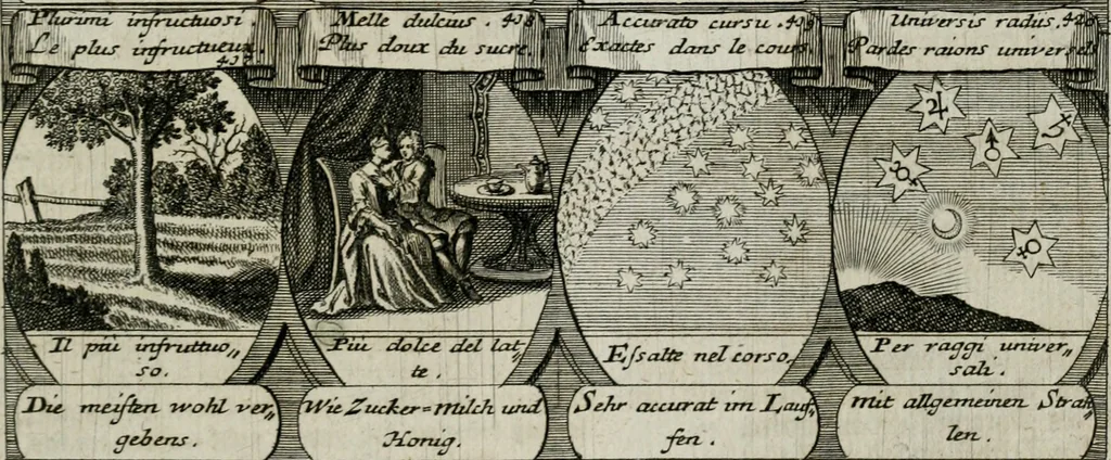 An illustration from M. Laurentii Wolfgangi Woyttens Emblematischer Parnassus : worauf die Musen, ihre Blumen-lese zu allerhand Freuden und Trauer-kränken halten. Um den Lob-werthen Tugend-chor durch angenehme rosen hergegen das ungezähmte Laster-thun mit wildem Dorn- und Distel-flor zu krönen, 1727, leaf 78