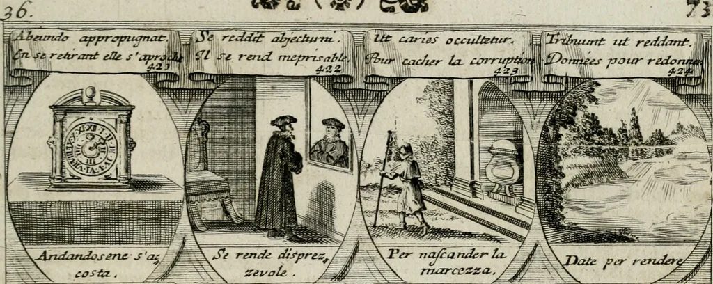 An illustration from M. Laurentii Wolfgangi Woyttens Emblematischer Parnassus : worauf die Musen, ihre Blumen-lese zu allerhand Freuden und Trauer-kränken halten. Um den Lob-werthen Tugend-chor durch angenehme rosen hergegen das ungezähmte Laster-thun mit wildem Dorn- und Distel-flor zu krönen, 1727, leaf 80