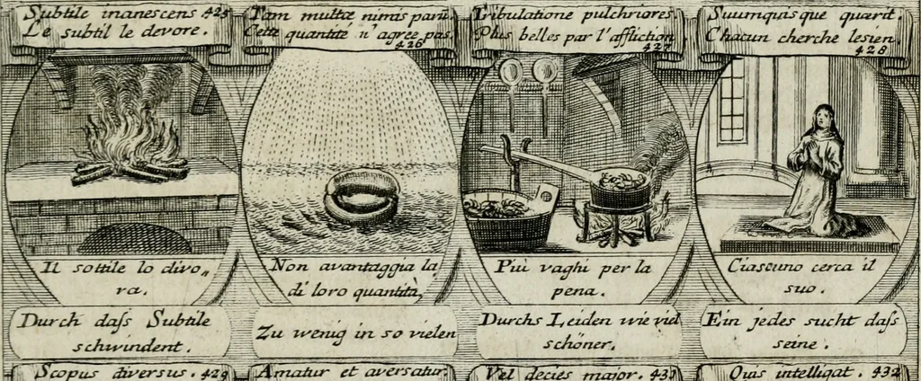 An illustration from M. Laurentii Wolfgangi Woyttens Emblematischer Parnassus : worauf die Musen, ihre Blumen-lese zu allerhand Freuden und Trauer-kränken halten. Um den Lob-werthen Tugend-chor durch angenehme rosen hergegen das ungezähmte Laster-thun mit wildem Dorn- und Distel-flor zu krönen, 1727, leaf 80