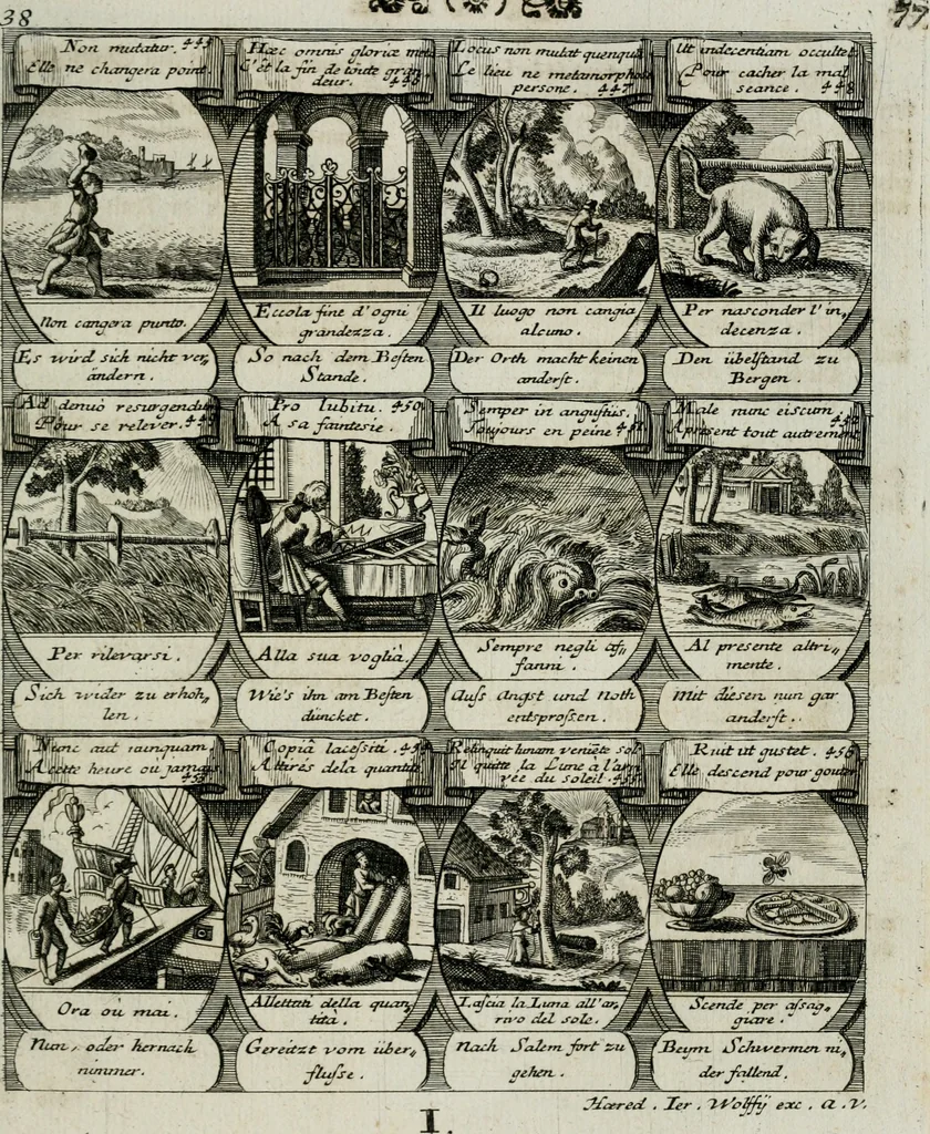 An illustration from M. Laurentii Wolfgangi Woyttens Emblematischer Parnassus : worauf die Musen, ihre Blumen-lese zu allerhand Freuden und Trauer-kränken halten. Um den Lob-werthen Tugend-chor durch angenehme rosen hergegen das ungezähmte Laster-thun mit wildem Dorn- und Distel-flor zu krönen, 1727, leaf 84