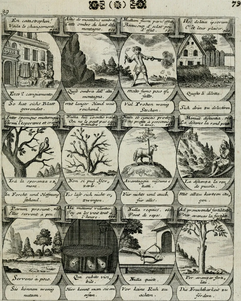 An illustration from M. Laurentii Wolfgangi Woyttens Emblematischer Parnassus : worauf die Musen, ihre Blumen-lese zu allerhand Freuden und Trauer-kränken halten. Um den Lob-werthen Tugend-chor durch angenehme rosen hergegen das ungezähmte Laster-thun mit wildem Dorn- und Distel-flor zu krönen, 1727, leaf 86