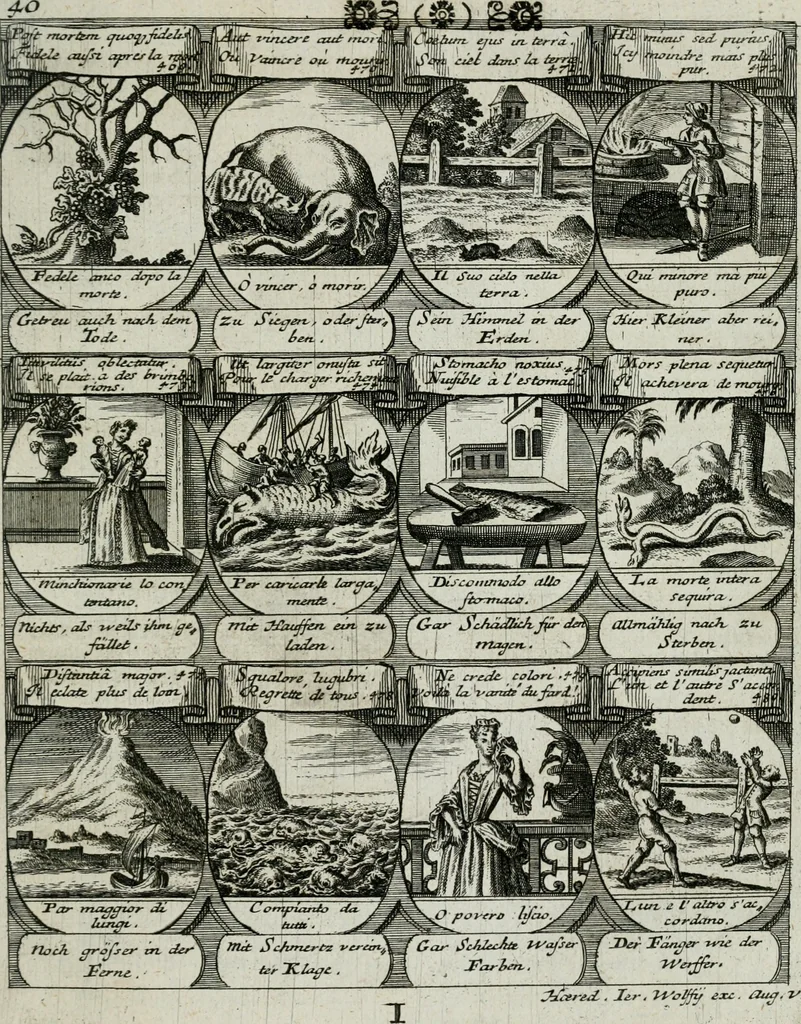 An illustration from M. Laurentii Wolfgangi Woyttens Emblematischer Parnassus : worauf die Musen, ihre Blumen-lese zu allerhand Freuden und Trauer-kränken halten. Um den Lob-werthen Tugend-chor durch angenehme rosen hergegen das ungezähmte Laster-thun mit wildem Dorn- und Distel-flor zu krönen, 1727, leaf 88