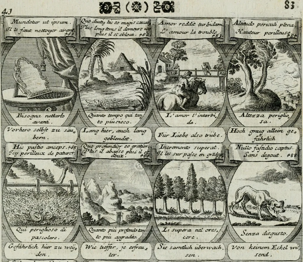 An illustration from M. Laurentii Wolfgangi Woyttens Emblematischer Parnassus : worauf die Musen, ihre Blumen-lese zu allerhand Freuden und Trauer-kränken halten. Um den Lob-werthen Tugend-chor durch angenehme rosen hergegen das ungezähmte Laster-thun mit wildem Dorn- und Distel-flor zu krönen, 1727, leaf 90