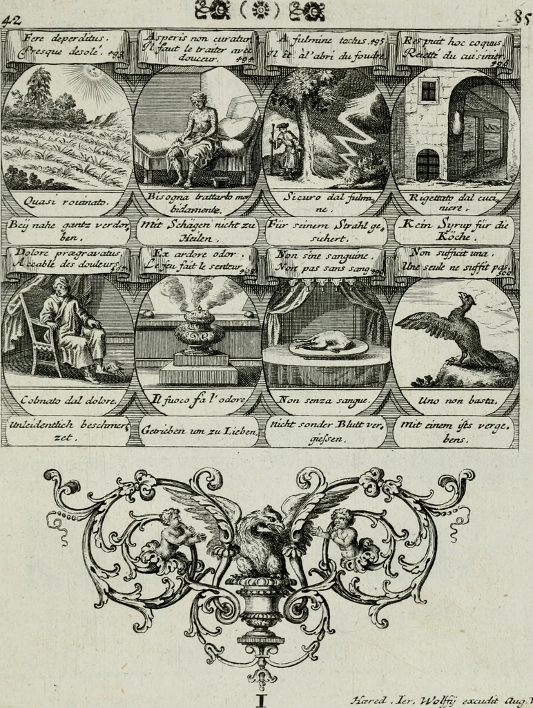An illustration from M. Laurentii Wolfgangi Woyttens Emblematischer Parnassus : worauf die Musen, ihre Blumen-lese zu allerhand Freuden und Trauer-kränken halten. Um den Lob-werthen Tugend-chor durch angenehme rosen hergegen das ungezähmte Laster-thun mit wildem Dorn- und Distel-flor zu krönen, 1727, leaf 92