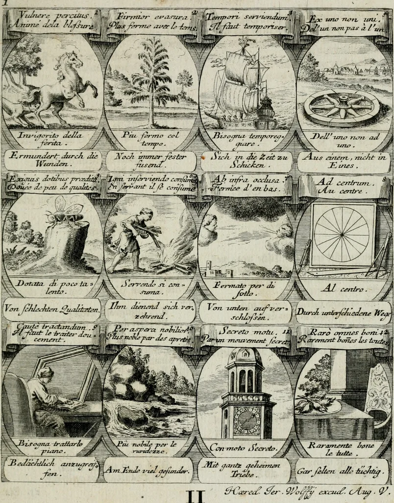 An illustration from M. Laurentii Wolfgangi Woyttens Emblematischer Parnassus : worauf die Musen, ihre Blumen-lese zu allerhand Freuden und Trauer-kränken halten. Um den Lob-werthen Tugend-chor durch angenehme rosen hergegen das ungezähmte Laster-thun mit wildem Dorn- und Distel-flor zu krönen, 1727, leaf 98