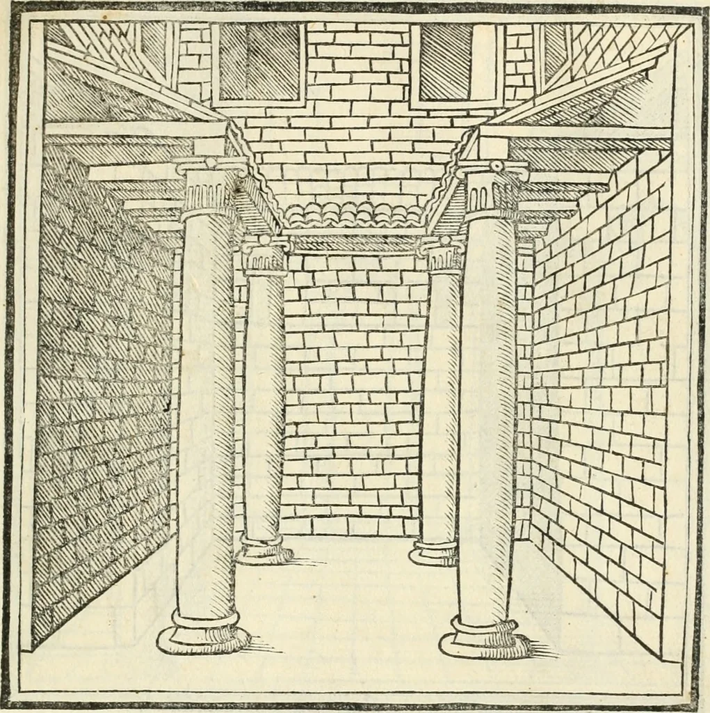 An illustration from M.L. Vitrvuio Pollione Di architettura : dal vero esemplare latino nella volgar lingua tradotto, e con le figure a suoi luoghi con mirãdo ordine insignito : anchora con la tauola alfabetica, nella quale facilmente si potra trouare la moltitudine de vocaboli a suoi luoghi cõ gran diligenza esposti e dichiarati : mai piu da alcuno altro fin al presente stampato a grande vtilita di ciascuno studioso, 1535, leaf 148