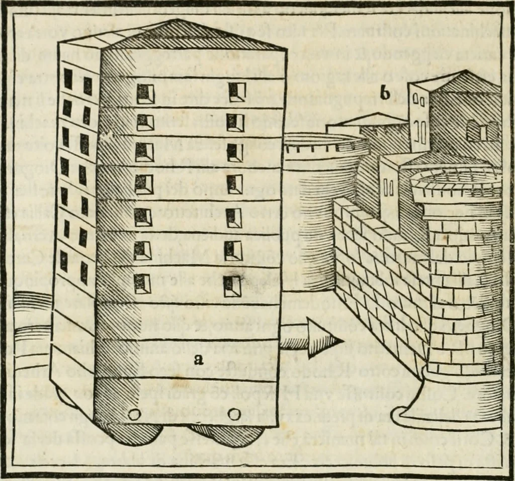 An illustration from M.L. Vitrvuio Pollione Di architettura : dal vero esemplare latino nella volgar lingua tradotto, e con le figure a suoi luoghi con mirãdo ordine insignito : anchora con la tauola alfabetica, nella quale facilmente si potra trouare la moltitudine de vocaboli a suoi luoghi cõ gran diligenza esposti e dichiarati : mai piu da alcuno altro fin al presente stampato a grande vtilita di ciascuno studioso, 1535, leaf 245