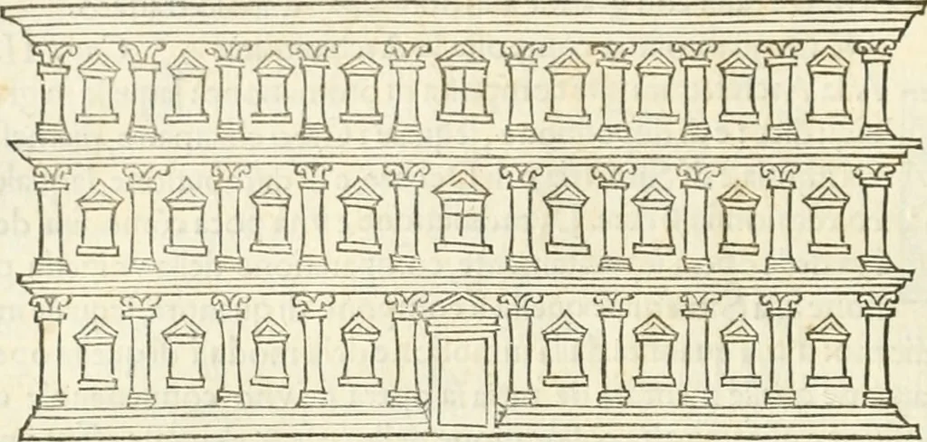 An illustration from M.L. Vitrvuio Pollione Di architettura : dal vero esemplare latino nella volgar lingua tradotto, e con le figure a suoi luoghi con mirãdo ordine insignito : anchora con la tauola alfabetica, nella quale facilmente si potra trouare la moltitudine de vocaboli a suoi luoghi cõ gran diligenza esposti e dichiarati : mai piu da alcuno altro fin al presente stampato a grande vtilita di ciascuno studioso, 1535, leaf 35