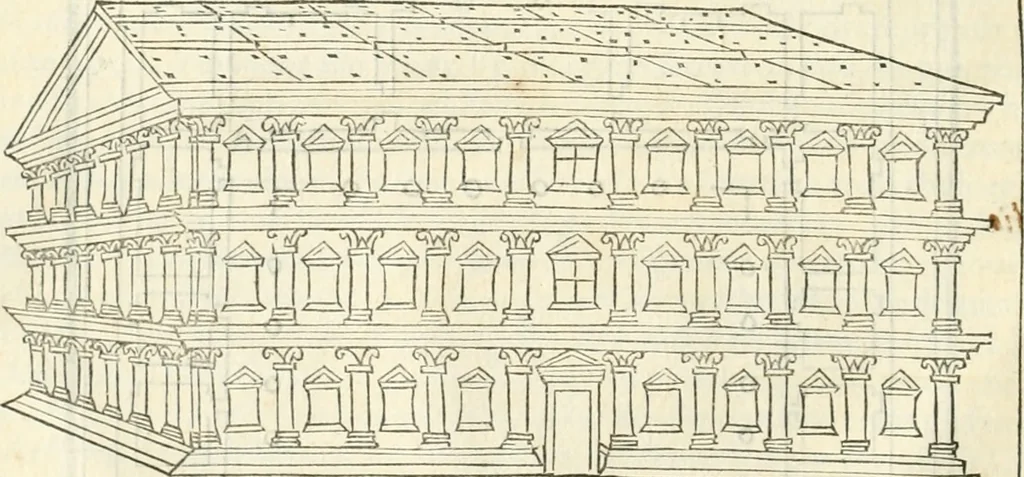 An illustration from M.L. Vitrvuio Pollione Di architettura : dal vero esemplare latino nella volgar lingua tradotto, e con le figure a suoi luoghi con mirãdo ordine insignito : anchora con la tauola alfabetica, nella quale facilmente si potra trouare la moltitudine de vocaboli a suoi luoghi cõ gran diligenza esposti e dichiarati : mai piu da alcuno altro fin al presente stampato a grande vtilita di ciascuno studioso, 1535, leaf 35
