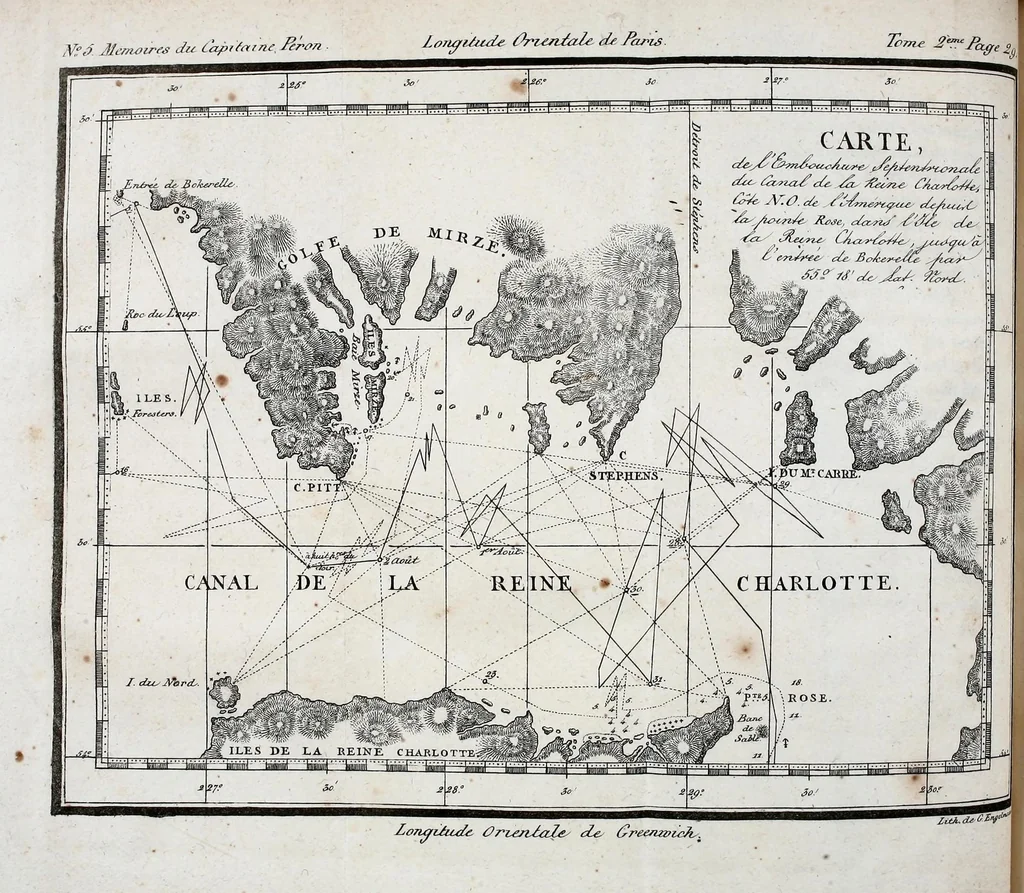 An illustration from Mémoires du Capitaine Péron : sur ses voyages aux côtes d'Afrique, en Arabie, à l'île d'Amsterdam, aux îles d'Anjouan et de Mayotte, aux côtes nord-ouest de l'Amérique, aux îles Sandwich, à la Chine, etc., 1824, leaf 46