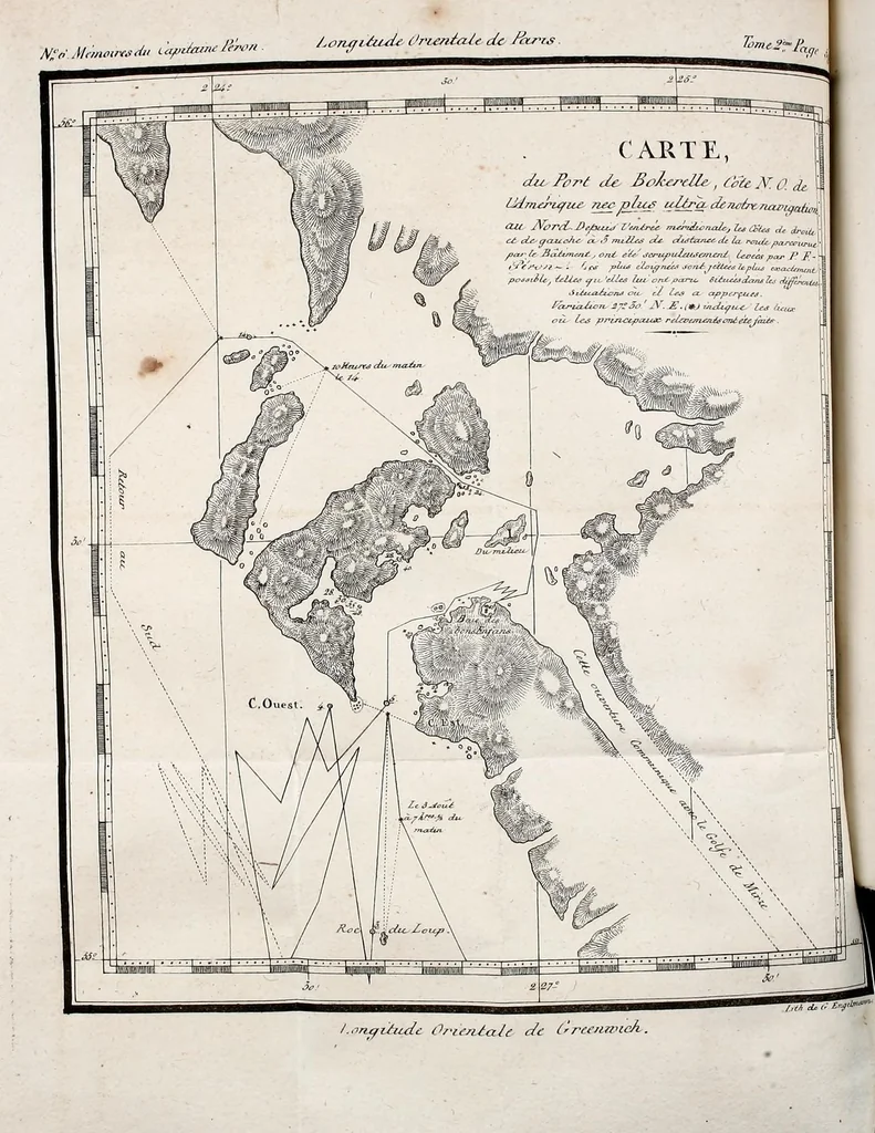 An illustration from Mémoires du Capitaine Péron : sur ses voyages aux côtes d'Afrique, en Arabie, à l'île d'Amsterdam, aux îles d'Anjouan et de Mayotte, aux côtes nord-ouest de l'Amérique, aux îles Sandwich, à la Chine, etc., 1824, leaf 80