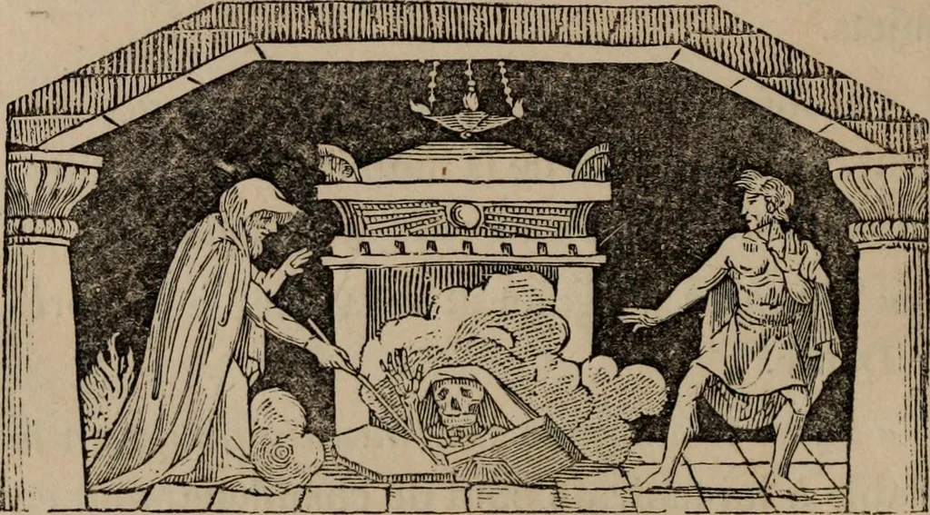 An illustration from Mémoires récréatifs, scientifiques et anecdotiques du physicien-aéronaute E.G. Robertson : connu par ses expériences de fantasmagorie, et par ses ascensions aérostatiques dans les principales villes de l'Europe : ex-professeur de physique au Collége central du ci-devant départment de l'Ourthe, membre de la Société Galvanique de Paris, de la Société des arts and des sciences de Hambourg, et de la Société d'émulation de Liége, 1831, leaf 329