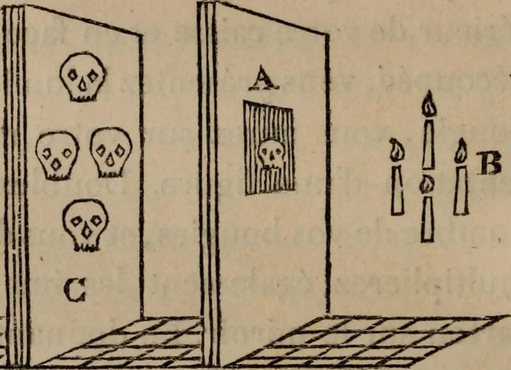 An illustration from Mémoires récréatifs, scientifiques et anecdotiques du physicien-aéronaute E.G. Robertson : connu par ses expériences de fantasmagorie, et par ses ascensions aérostatiques dans les principales villes de l'Europe : ex-professeur de physique au Collége central du ci-devant départment de l'Ourthe, membre de la Société Galvanique de Paris, de la Société des arts and des sciences de Hambourg, et de la Société d'émulation de Liége, 1831, leaf 363