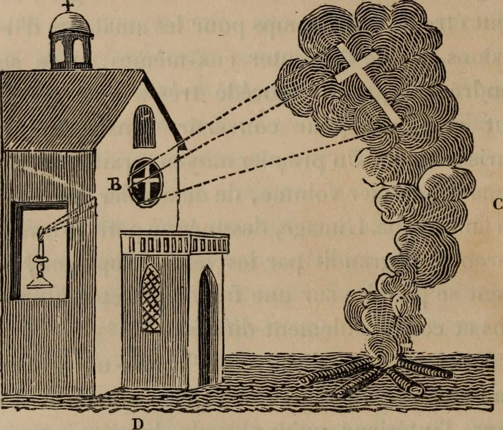 An illustration from Mémoires récréatifs, scientifiques et anecdotiques du physicien-aéronaute E.G. Robertson : connu par ses expériences de fantasmagorie, et par ses ascensions aérostatiques dans les principales villes de l'Europe : ex-professeur de physique au Collége central du ci-devant départment de l'Ourthe, membre de la Société Galvanique de Paris, de la Société des arts and des sciences de Hambourg, et de la Société d'émulation de Liége, 1831, leaf 221