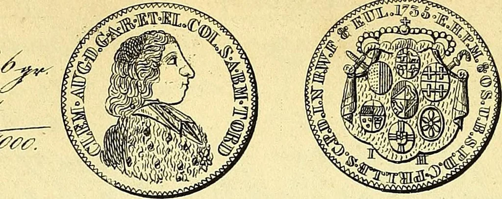 An illustration from Münz-Cabinet. : le cabinet des monnaies du voyageur et du négociant, ou représentation des monnaies courantes des différens pays... recueillies et publiées par Engelmann père et fils... The Traveller's and merchant's cabinet of moneys.., 1835, leaf 37