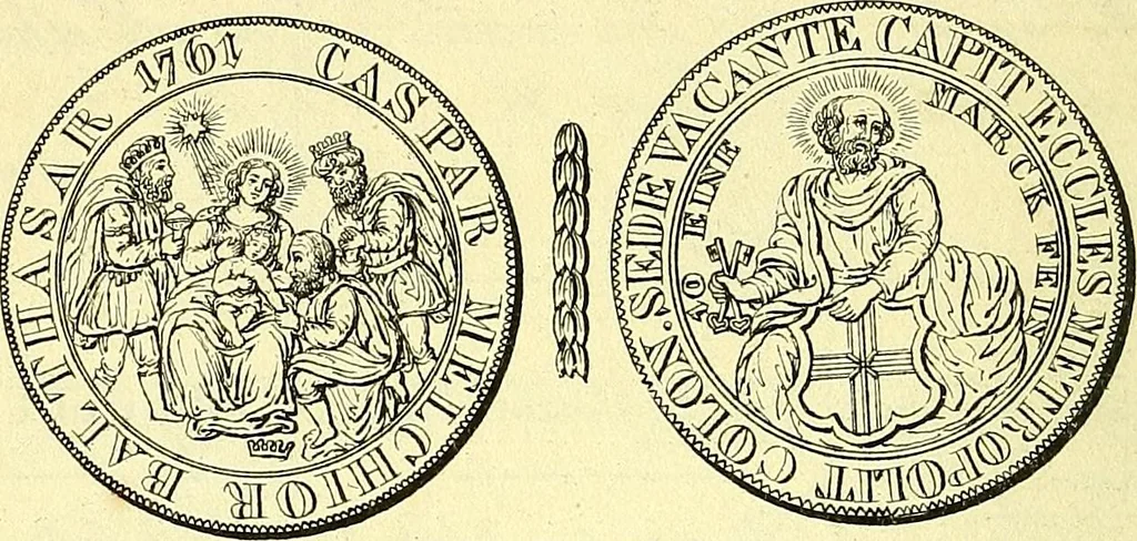 An illustration from Münz-Cabinet. : le cabinet des monnaies du voyageur et du négociant, ou représentation des monnaies courantes des différens pays... recueillies et publiées par Engelmann père et fils... The Traveller's and merchant's cabinet of moneys.., 1835, leaf 37