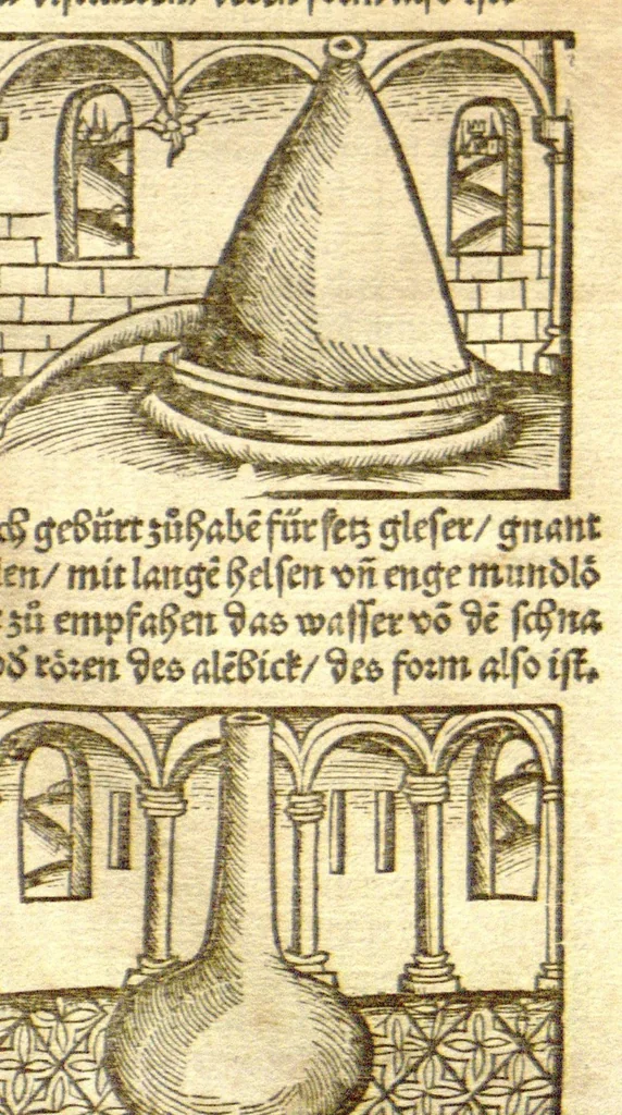 An illustration from Das Distilierbuoch : das buoch der rechten kunst zu distilieren und die wasser zu brennen angezögt mit Figuren nutzlich den menschlichen leib in Gesuntheit zubehalten / erstmals von meister Jeronimo Brunschweick zusamen coligiert ; und von Marsilio Ficino des hoch berümpten, des langen und gesunden lebens, als er an im selbs bewert hundert uñ zehen iar rüwiklich gelebt hat., 1521, leaf 16