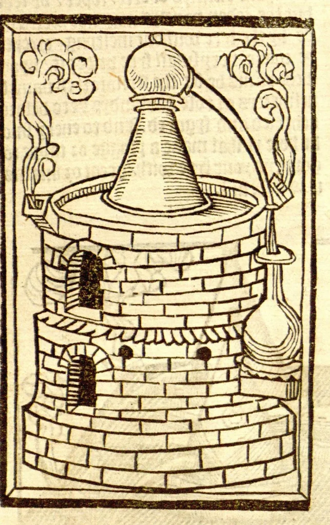 An illustration from The vertuose boke of distyllacyon of the waters of all maner of herbes ?with the fygures of the styllatoryes /fyrst made and compyled by the thyrte yeres study and labour of the moste conynge and famous master of phisyke Master Jherom Bruynswyke ; and now newly translate out of Duyche into Englysshe, not only to the synguler helpe and profyte of the surgyens, phisycyens and apothecaryes, but also of all maner of people parfytely and in dewe tyme and ordre to lerne to dystyll all maner of herbes to the profit, cure, & remedy of all maner dysieases and infirmytees apparant and nat apparant, and ye shall understande that the waters be better than the herbes as Avicenna testefyeth in his fourth canon saynge that all maner medicynes used with theyr substance febleth and maketh aged and weke., 1527, leaf 19