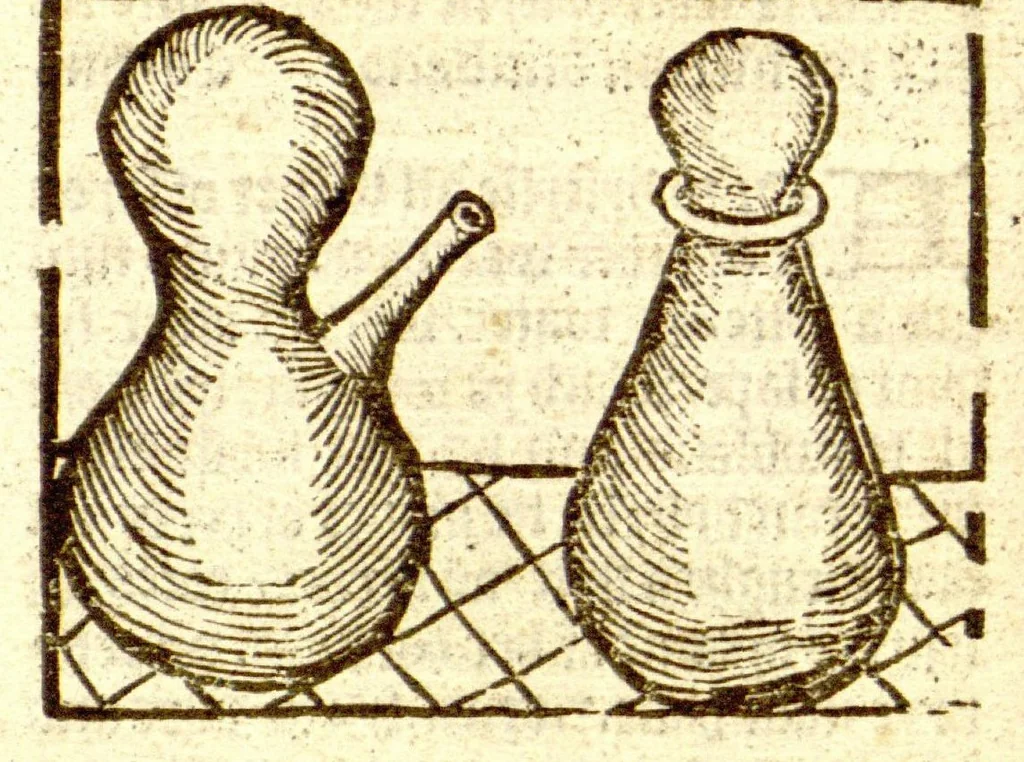 An illustration from The vertuose boke of distyllacyon of the waters of all maner of herbes ?with the fygures of the styllatoryes /fyrst made and compyled by the thyrte yeres study and labour of the moste conynge and famous master of phisyke Master Jherom Bruynswyke ; and now newly translate out of Duyche into Englysshe, not only to the synguler helpe and profyte of the surgyens, phisycyens and apothecaryes, but also of all maner of people parfytely and in dewe tyme and ordre to lerne to dystyll all maner of herbes to the profit, cure, & remedy of all maner dysieases and infirmytees apparant and nat apparant, and ye shall understande that the waters be better than the herbes as Avicenna testefyeth in his fourth canon saynge that all maner medicynes used with theyr substance febleth and maketh aged and weke., 1527, leaf 23