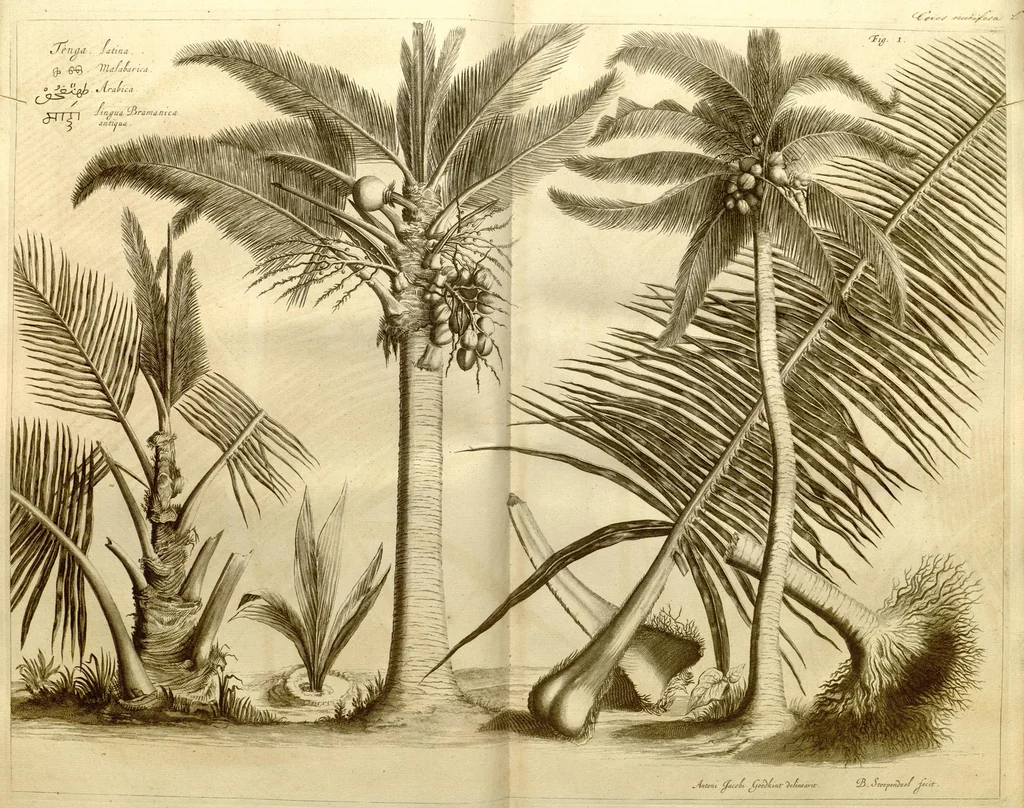 An illustration from Hortus Indicus Malabaricus ?continens regni Malabarici apud Indos cereberrimi onmis generis plantas rariores, Latinas, Malabaricis, Arabicis, Brachmanum charactareibus hominibusque expressas ... /adornatus per Henricum van Rheede, van Draakenstein, ... et Johannem Casearium ... ; notis adauxit, & commentariis illustravit Arnoldus Syen ..., 1678, leaf 21