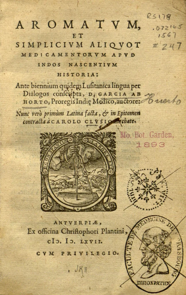 An illustration from Aromatum, et simplicium aliquot medicamentorum apud Indos nascentium historia ?ante biennium quidem Lusitanica linqua per dialogos conscripta /D. Garcia ab Horto, proregis Indie? medico, auctore ? nunc vero? primu?m Latina facta, & in epitomen contracta a? Carolo Clusio Atrebate., 1567, leaf 1
