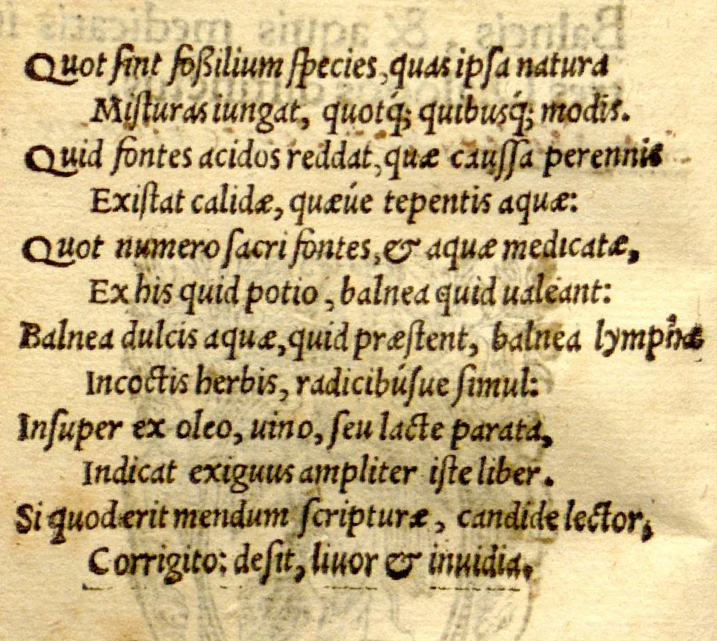 An illustration from Ioannis Guintherii Andernaci medici Commentarius de balneis, & aquis medicatis in tres dialogos distinctus., 1565, leaf 4