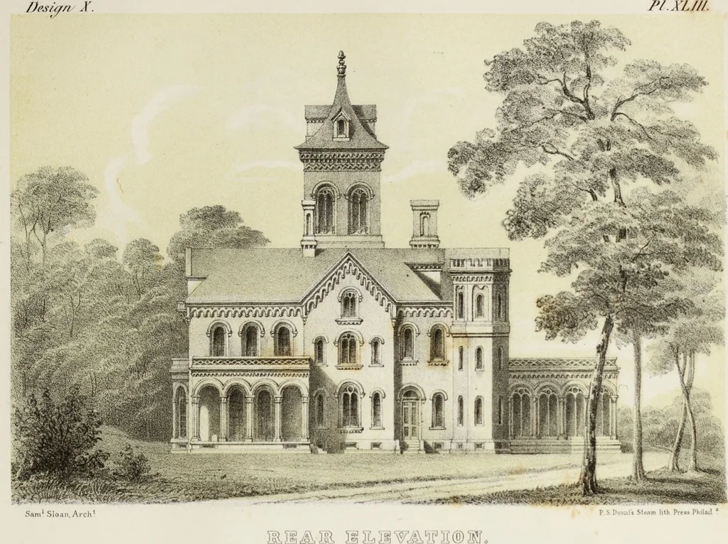 An illustration from The model architect : a series of original designs for cottages, villas, suburban residences, etc., accompanied by explanations, specifications, estimates, and elaborate details : prepared expressly for the use of projectors and artisans throughout the United States, 1852, leaf 114