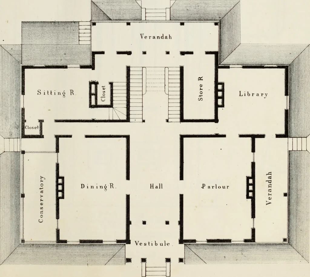 An illustration from The model architect : a series of original designs for cottages, villas, suburban residences, etc., accompanied by explanations, specifications, estimates, and elaborate details : prepared expressly for the use of projectors and artisans throughout the United States, 1852, leaf 20