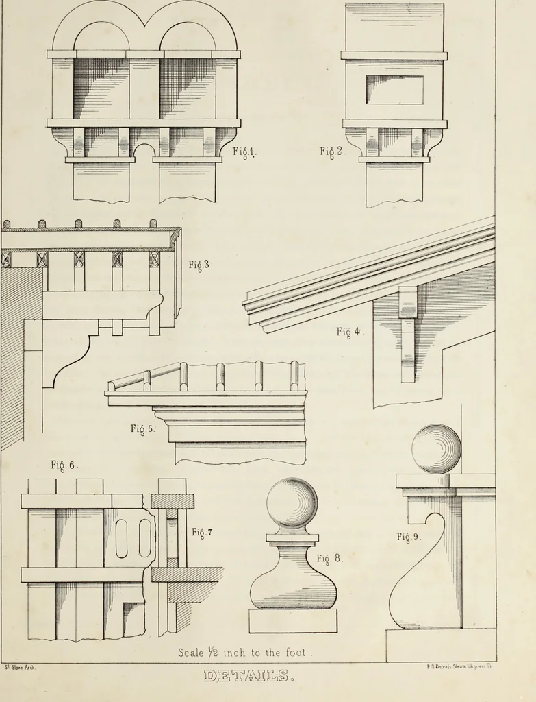 An illustration from The model architect : a series of original designs for cottages, villas, suburban residences, etc., accompanied by explanations, specifications, estimates, and elaborate details : prepared expressly for the use of projectors and artisans throughout the United States, 1852, leaf 218