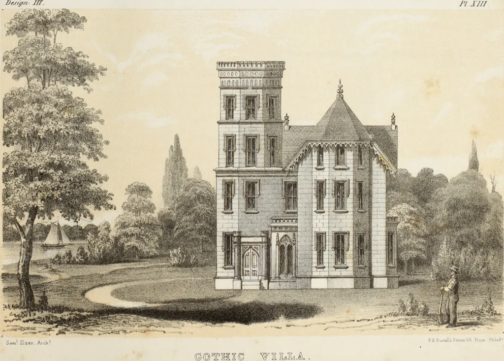 An illustration from The model architect : a series of original designs for cottages, villas, suburban residences, etc., accompanied by explanations, specifications, estimates, and elaborate details : prepared expressly for the use of projectors and artisans throughout the United States, 1852, leaf 44