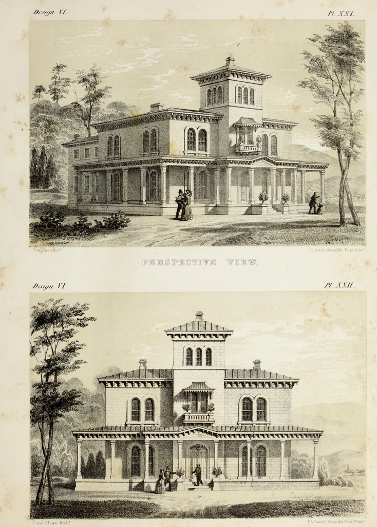 An illustration from The model architect : a series of original designs for cottages, villas, suburban residences, etc., accompanied by explanations, specifications, estimates, and elaborate details : prepared expressly for the use of projectors and artisans throughout the United States, 1852, leaf 62